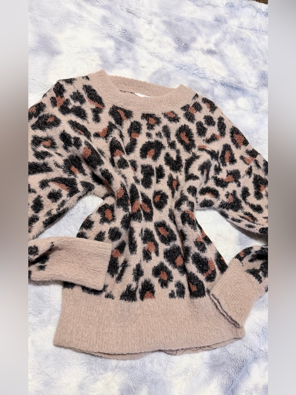 Time and Tru Blush Leopard Fuzzy Crewneck Sweater